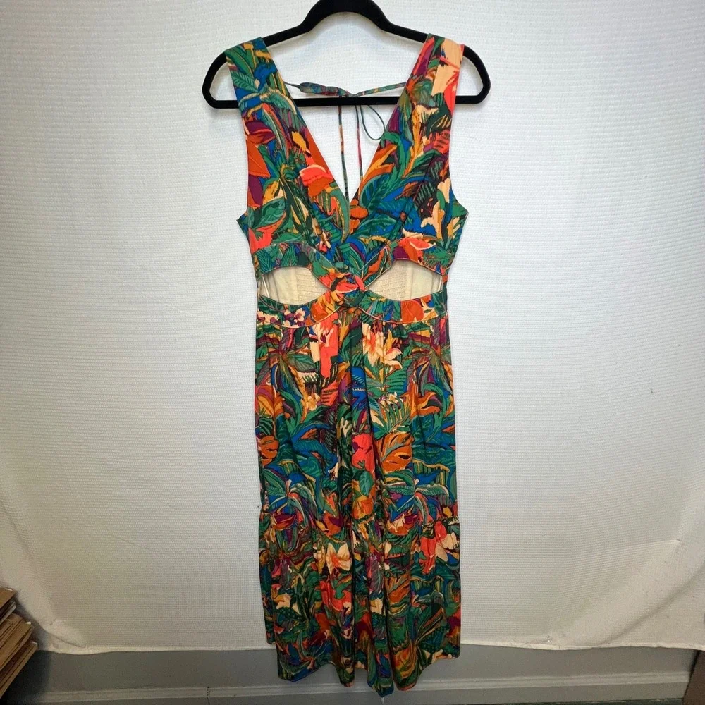 Dress Forum‎ Tropical Floral Cutout Maxi Dress Tie Back Smocked Waist Size L - Picture 5 of 10
